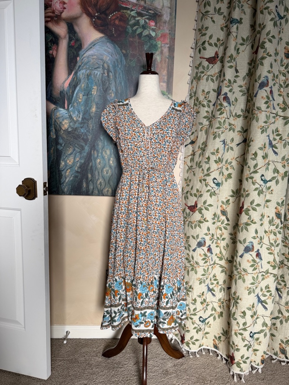 Bohemian Cottagecore Floral Tie-Waist Midi Dress in Blue and Orange